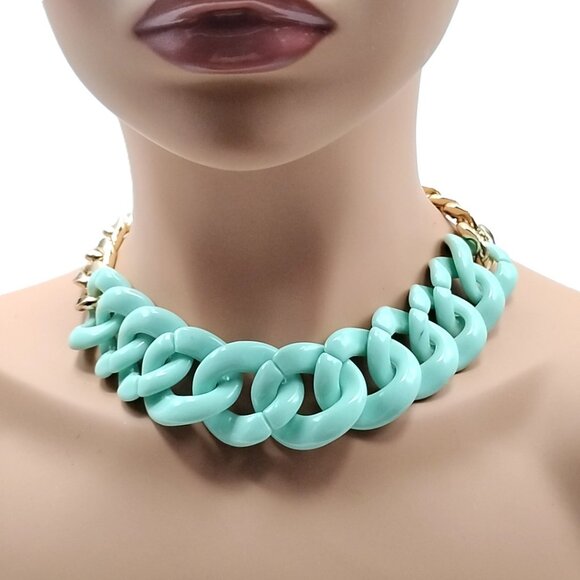Mint Green Chunky Curb Link Gold Tone Statement Necklace - Picture 13 of 16